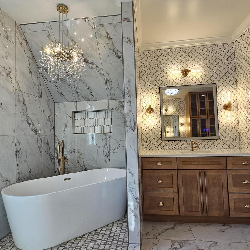 Freestanding bathtub and marble tile bathroom remodeling Freestanding bathtub and marble tile bathroom remodeling