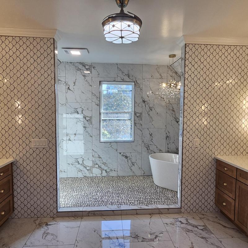 Marble tiled shower and bathtub bathroom remodeling Marble tiled shower and bathtub bathroom remodeling