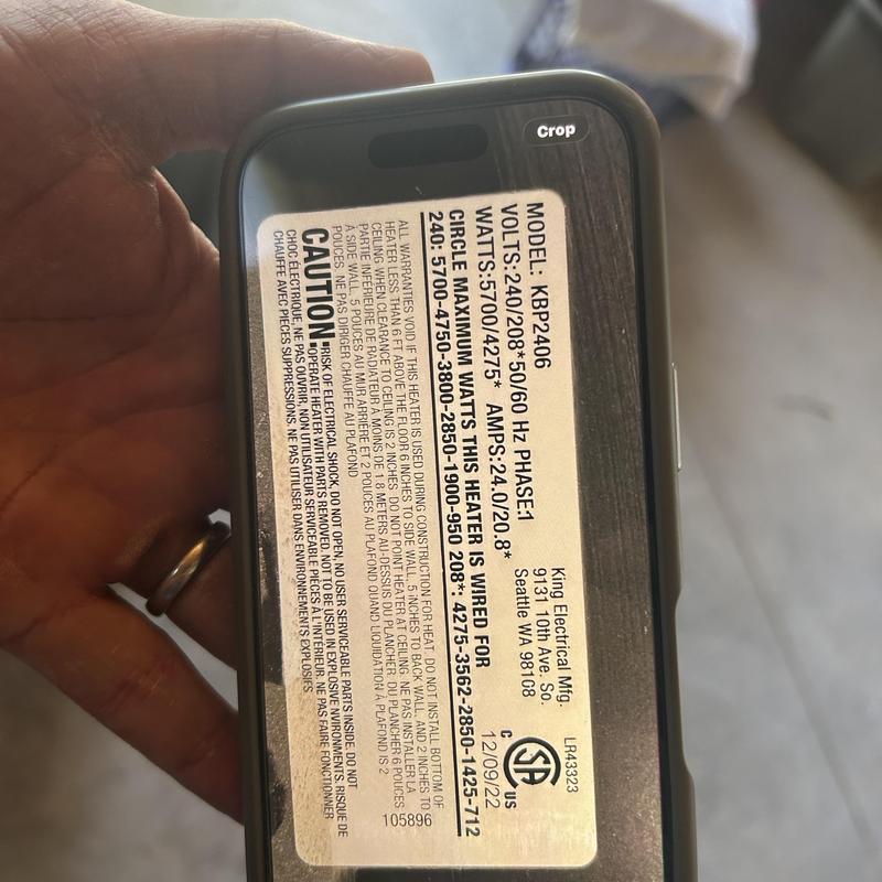 240V heater electrical specifications label close-up 240V heater electrical specifications label close-up