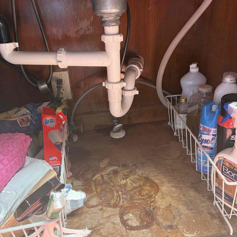 Kitchen sink drain pipes under cabinet with cleaning supplies Kitchen sink drain pipes under cabinet with cleaning supplies