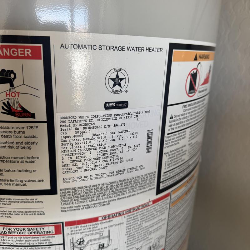 50 Gallon Gas Water Heater label and safety warnings