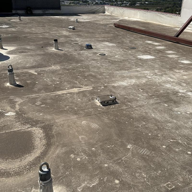 Flat roof membrane with vents and maintenance hatch