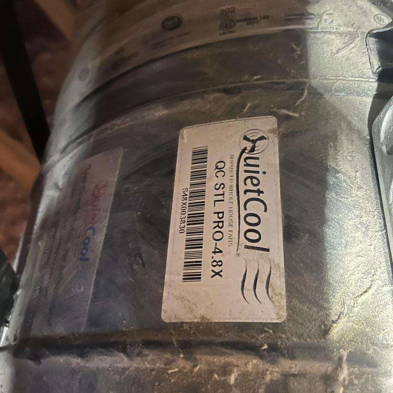 QuietCool whole home fan motor label close-up