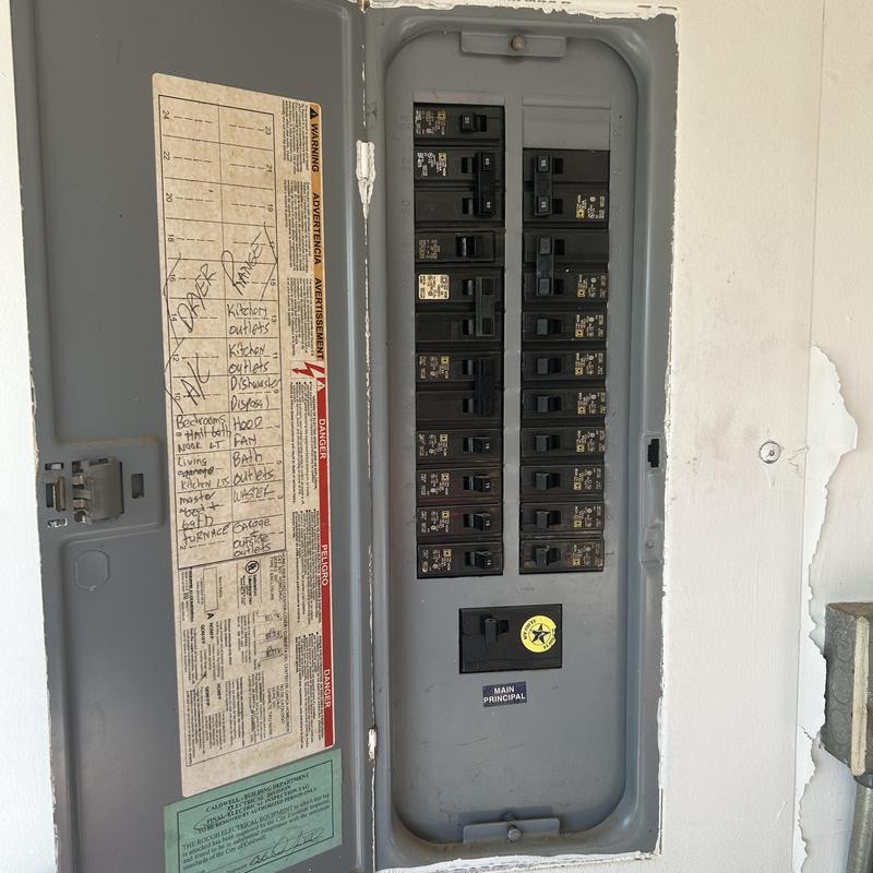 Electrical breaker panel with labeled circuits in home Electrical breaker panel with labeled circuits in home