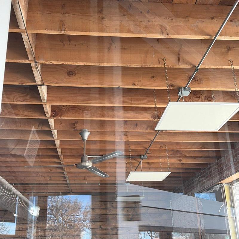 Exposed wooden ceiling with fan and hanging lights Exposed wooden ceiling with fan and hanging lights