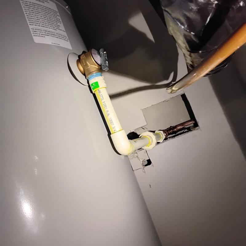 Water heater gas line with drip leg and new CPV connection