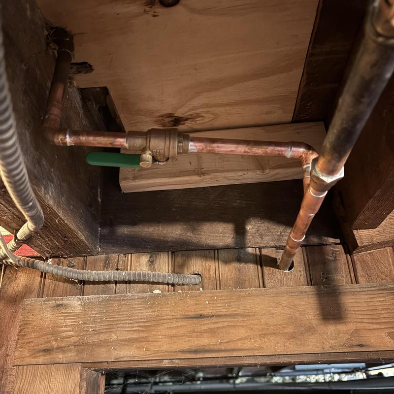 Copper waterline with brass ball valve and adapter installation
