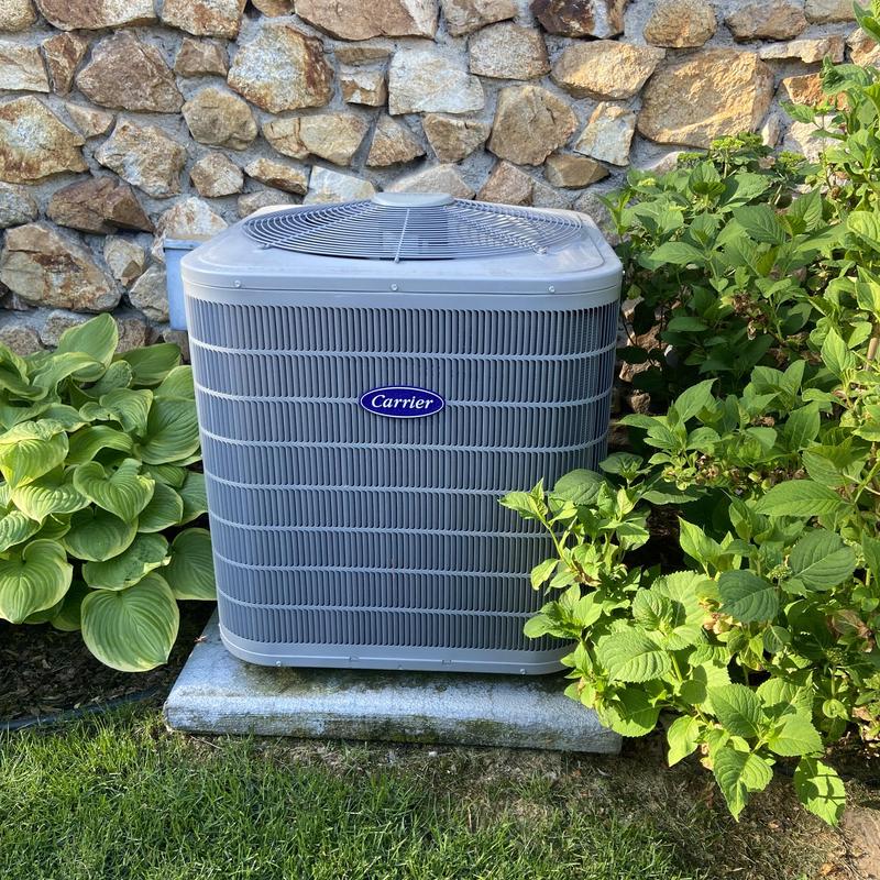 Carrier outdoor air conditioner unit by stone wall Carrier outdoor air conditioner unit by stone wall