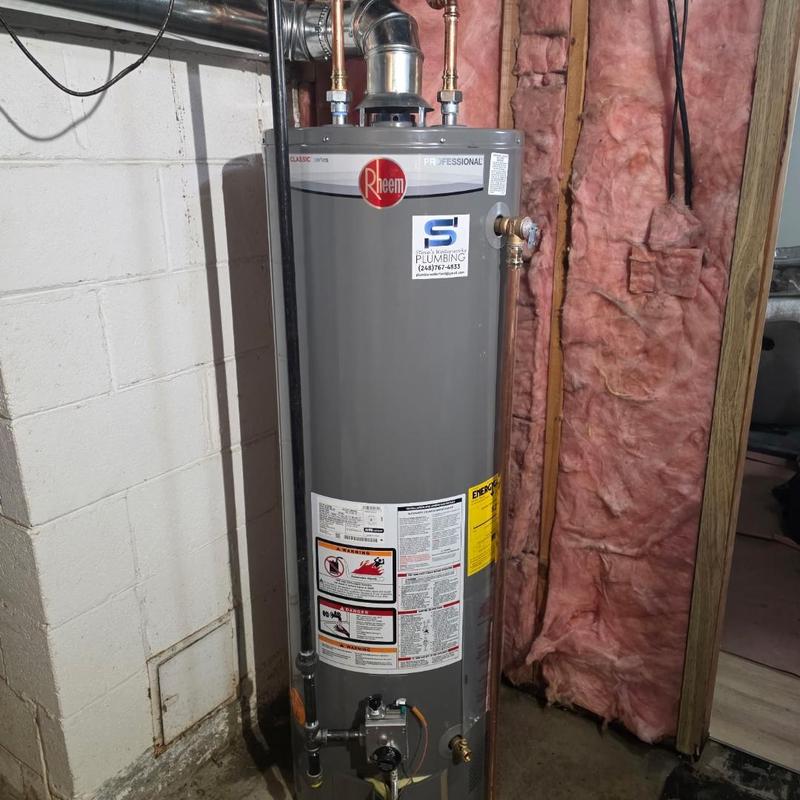 40 gallon Rheem water heater installation in basement