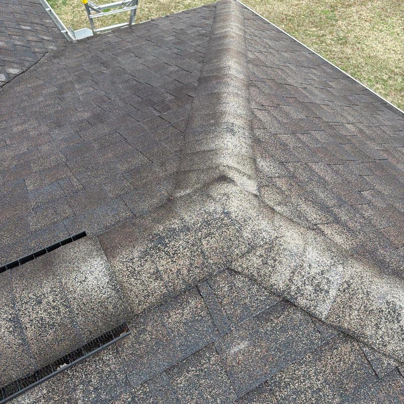 Shingle roof and ridge vent with hail damage