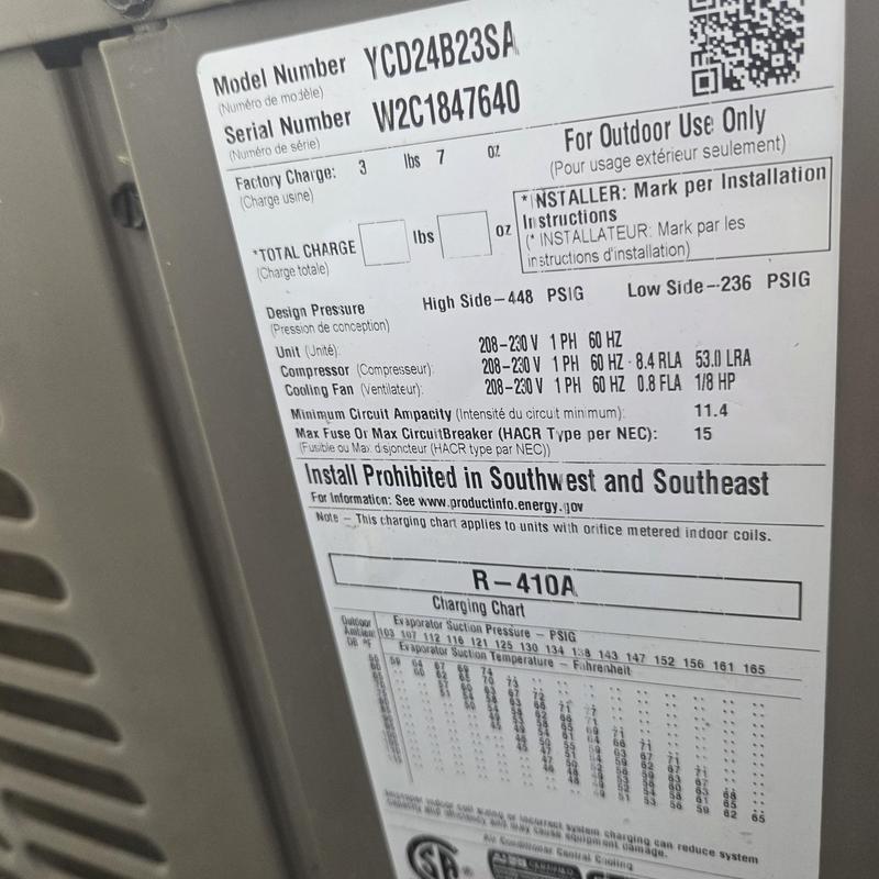 Condenser unit model YCD24B23SA label close-up Condenser unit model YCD24B23SA label close-up