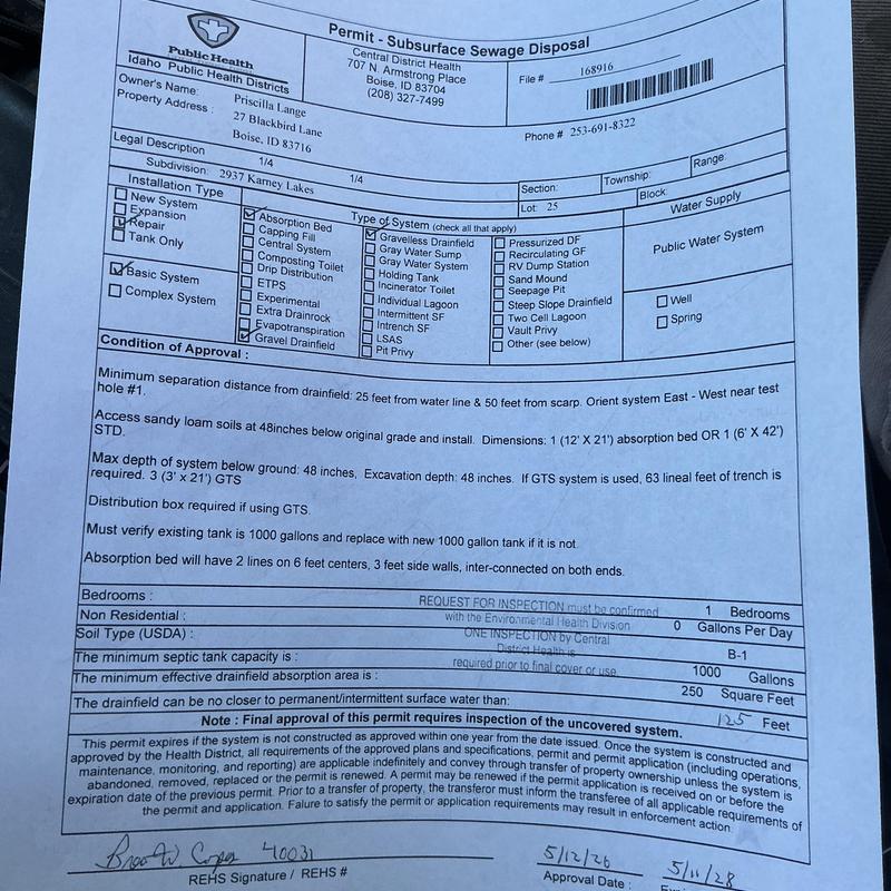 Gravel Drainfield permit approval document