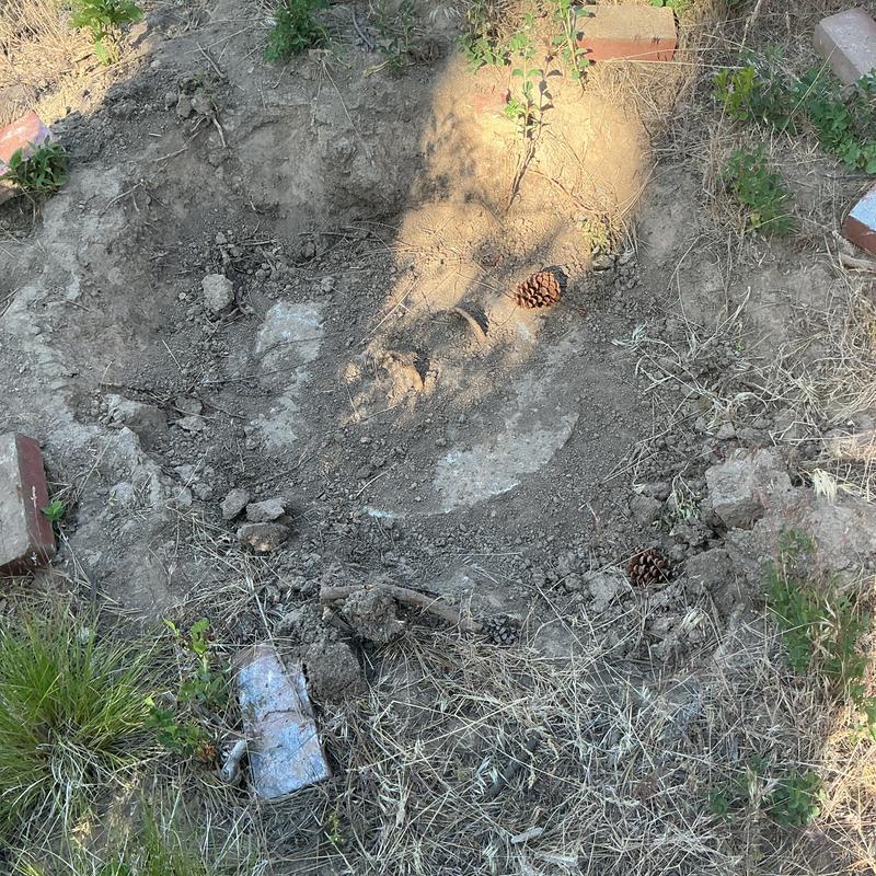Septic drain field excavation with exposed pipe section