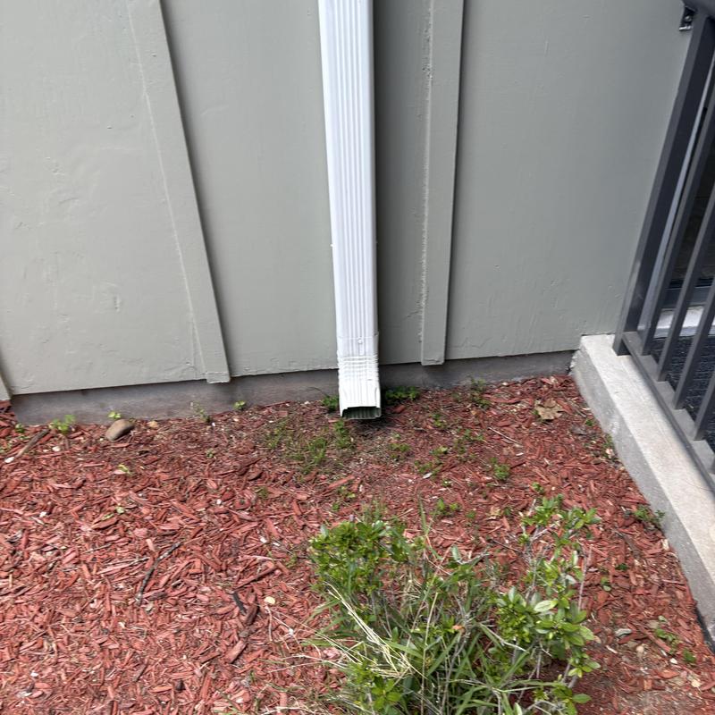 Downspout extension near foundation and landscaping mulch Downspout extension near foundation and landscaping mulch