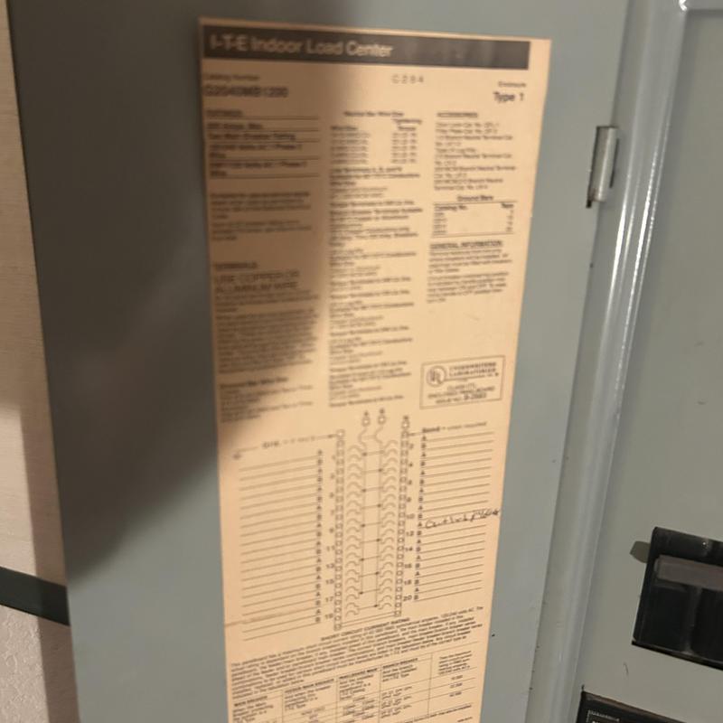 Electrical load center panel label with circuit details Electrical load center panel label with circuit details