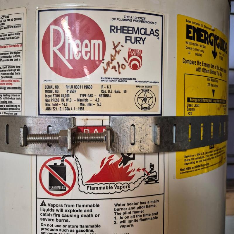 Water heater label Rheem 50-gallon model details