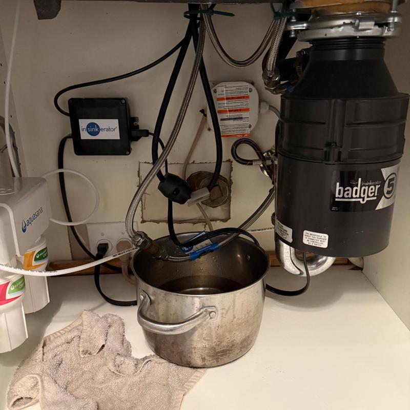 Garbage disposal and water lines with leak bucket