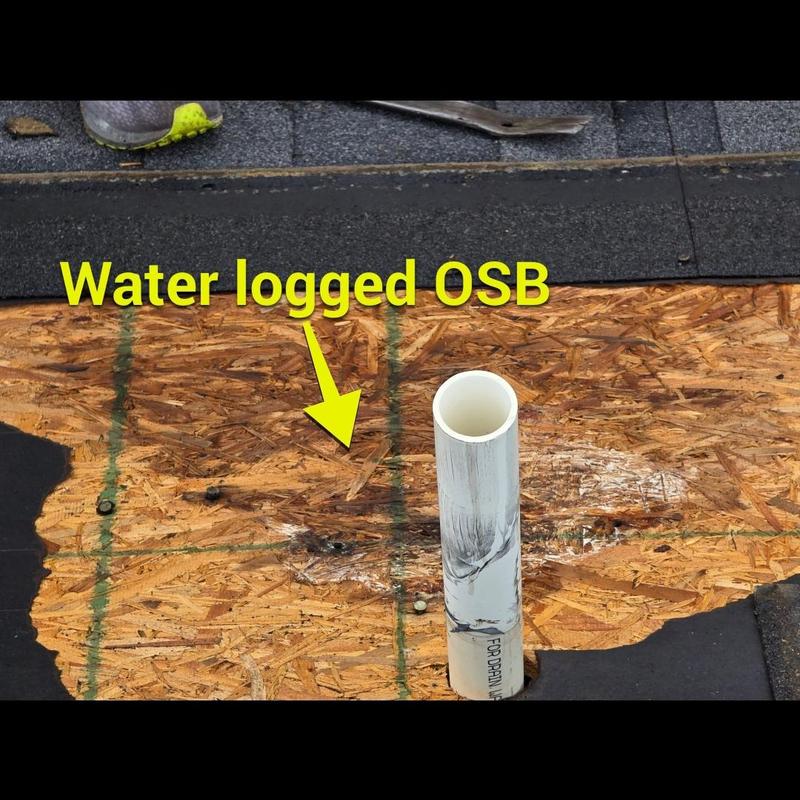 Water damaged OSB decking around pipe boot on roof