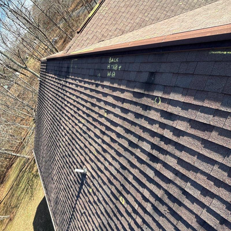 Asphalt shingle roof with hail damage markings