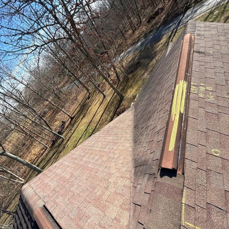 Asphalt shingles and ridge vent with hail damage markings