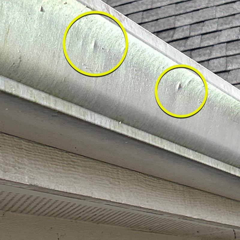 Metal gutter with hail damage dents circled in yellow