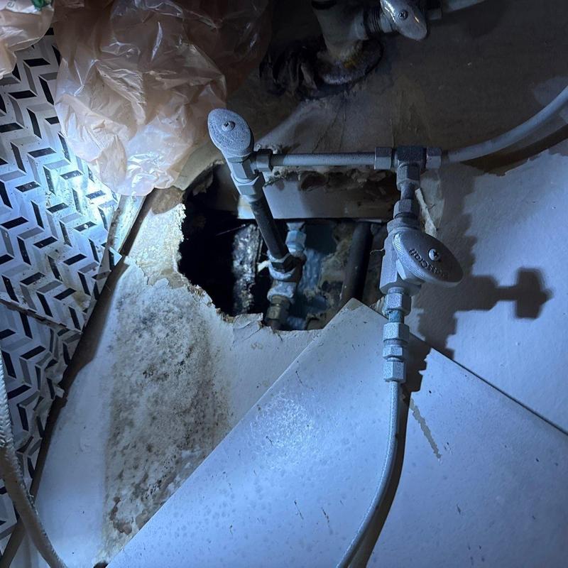 Sink plumbing valves above damaged subfloor and framing