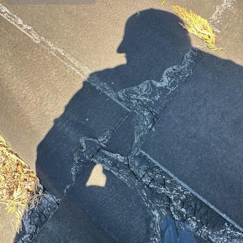 Roof shingles with visible cracking and damage