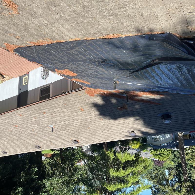 Roof tarpaulin covering leak on residential shingle roof Roof tarpaulin covering leak on residential shingle roof