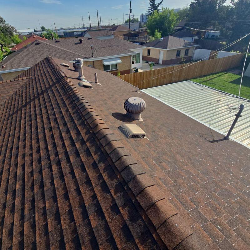 Shingle roof with hail damage and ventilation vents Shingle roof with hail damage and ventilation vents
