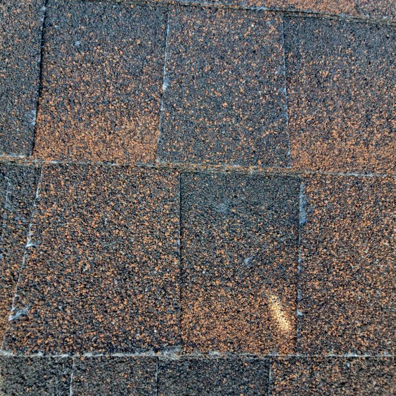 Shingle roof close-up showing hail damage spots Shingle roof close-up showing hail damage spots