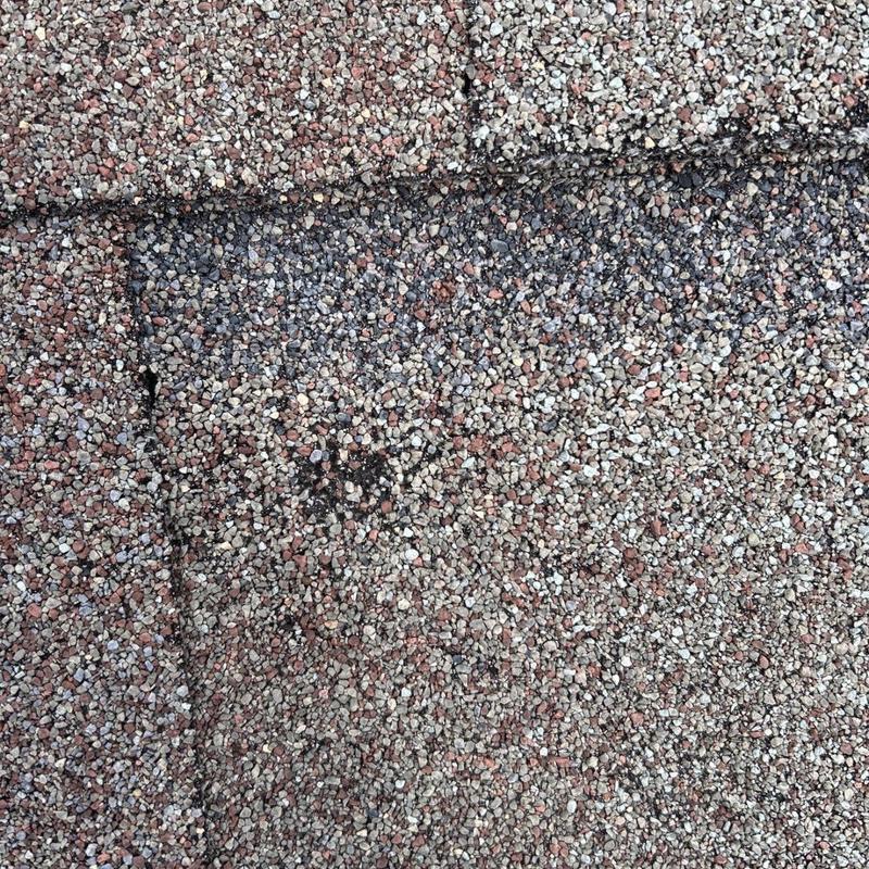 Architectural shingle granule loss and weathering close-up