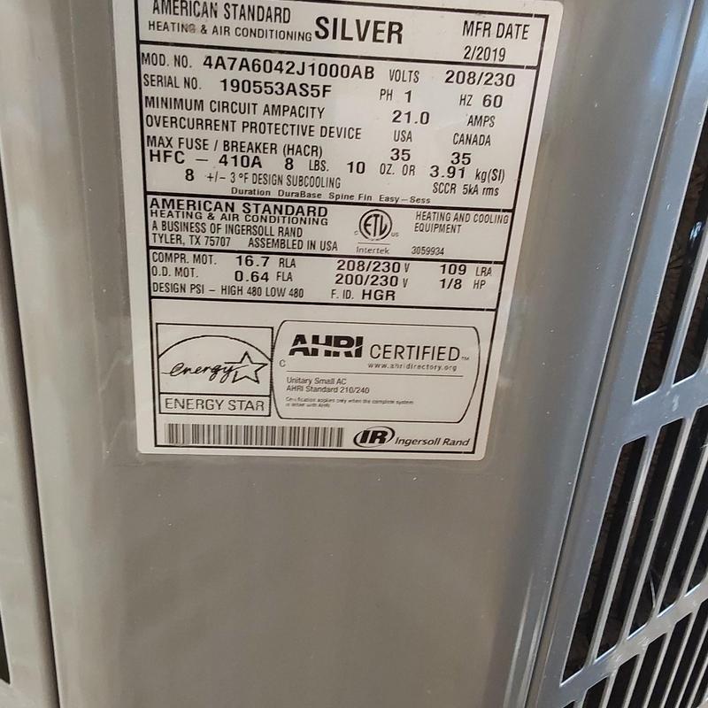 American Standard 4A7A60 air conditioner label close-up