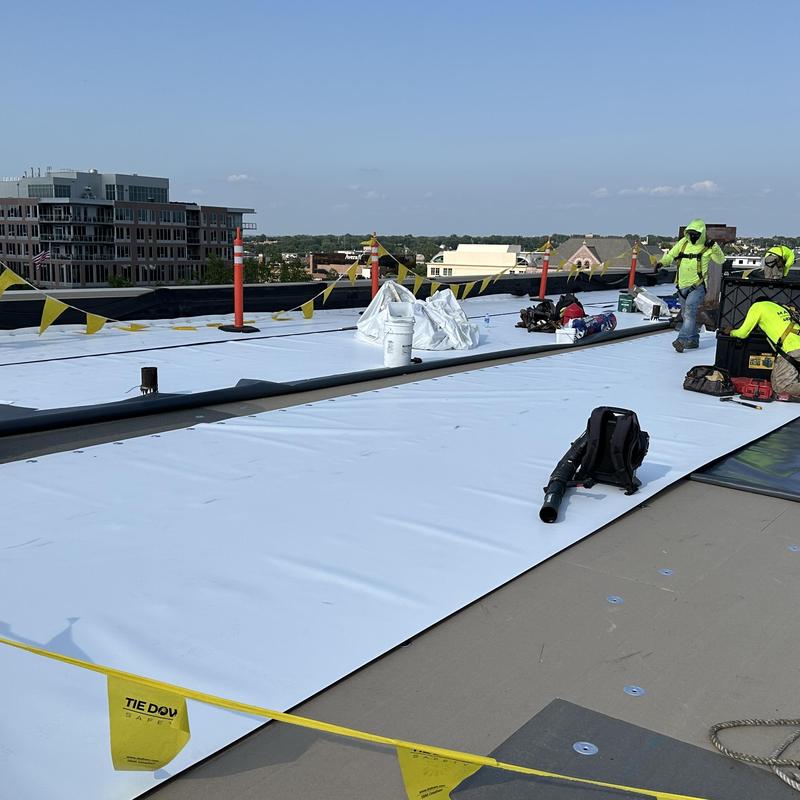 GAF EverGuard TPO membrane roofing installation on flat roof GAF EverGuard TPO membrane roofing installation on flat roof