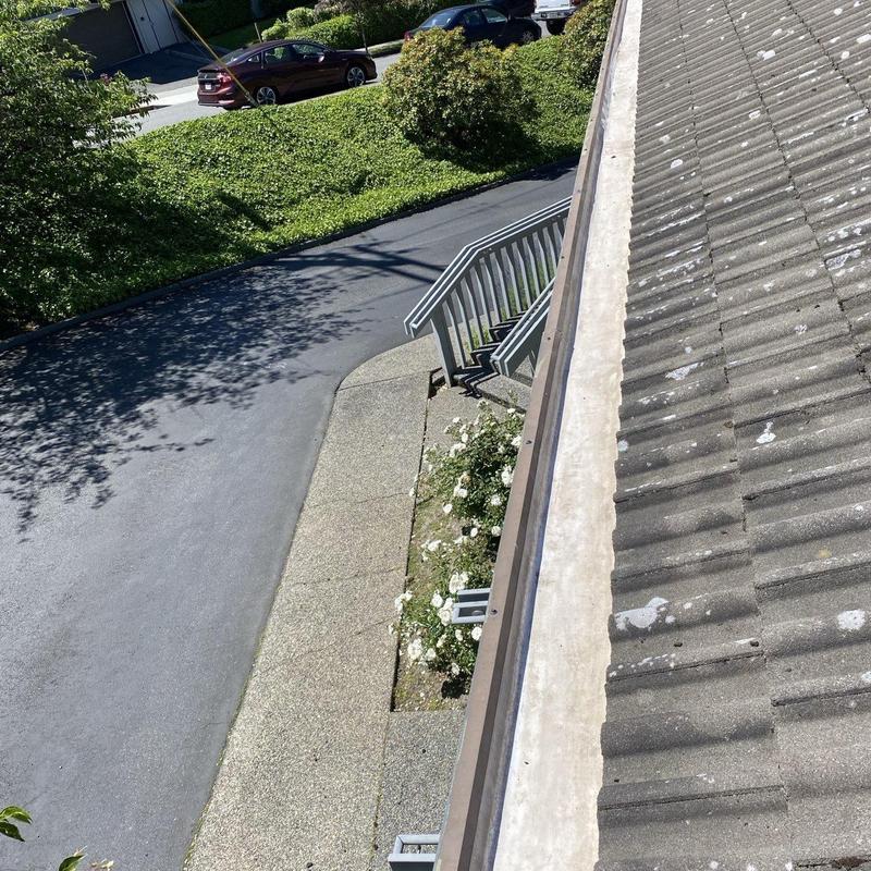 Gutter system after cleaning and moss removal on roof