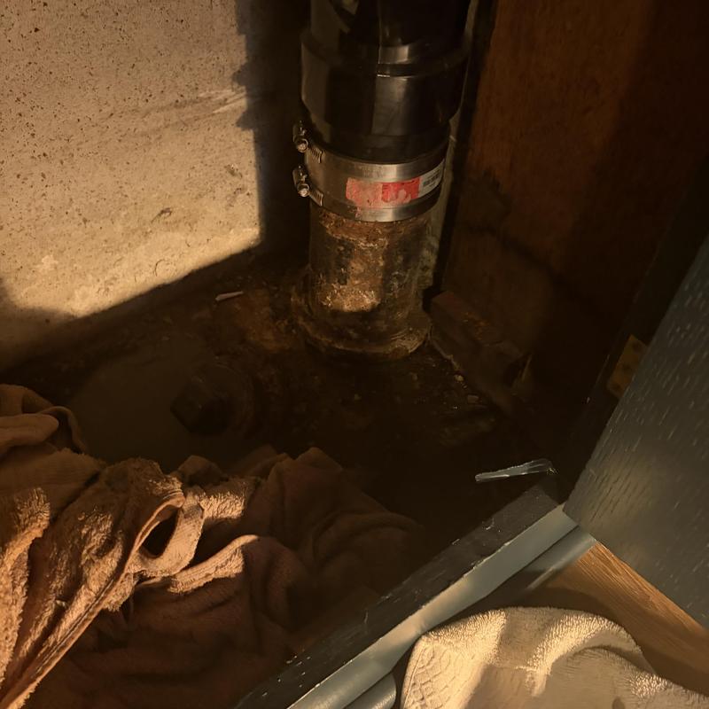 Sewer pipe with clamp and surrounding water damage Sewer pipe with clamp and surrounding water damage