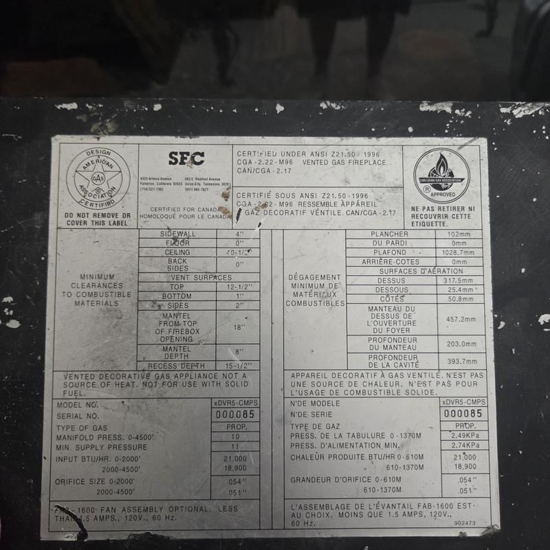 Vented gas fireplace specification label Vented gas fireplace specification label