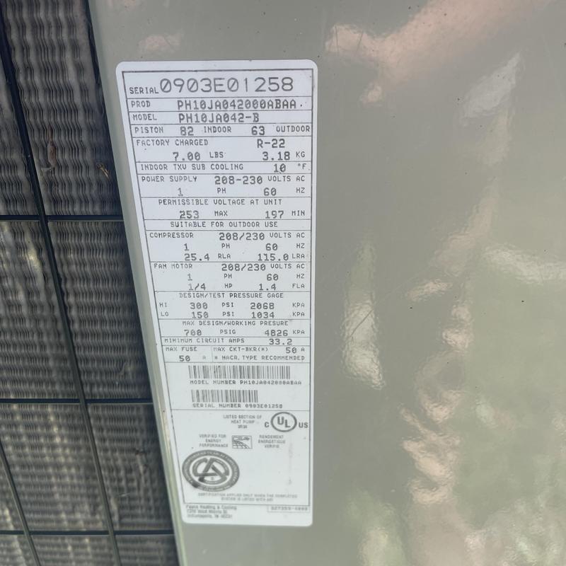 Air conditioner model PH10JA042-B system label Air conditioner model PH10JA042-B system label