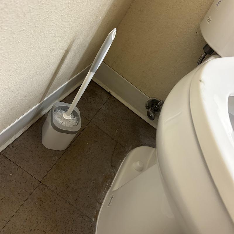 Toilet base with water leak and cleaning brush nearby Toilet base with water leak and cleaning brush nearby
