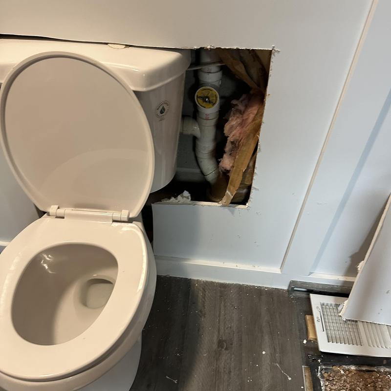 Toilet plumbing with wall access cutout in bathroom