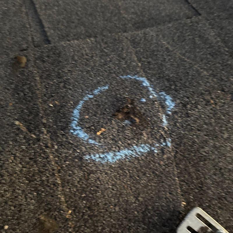 Asphalt shingle hail damage marked with blue spray paint