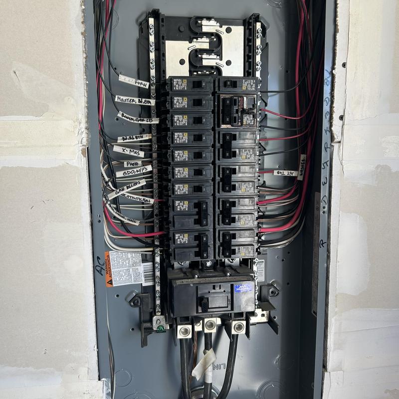 Electrical panel with circuit breakers and wiring