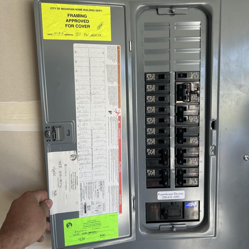 Electrical panel with circuit breakers and inspection tags
