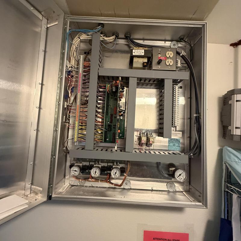 HVAC control panel with wiring and gauges open HVAC control panel with wiring and gauges open