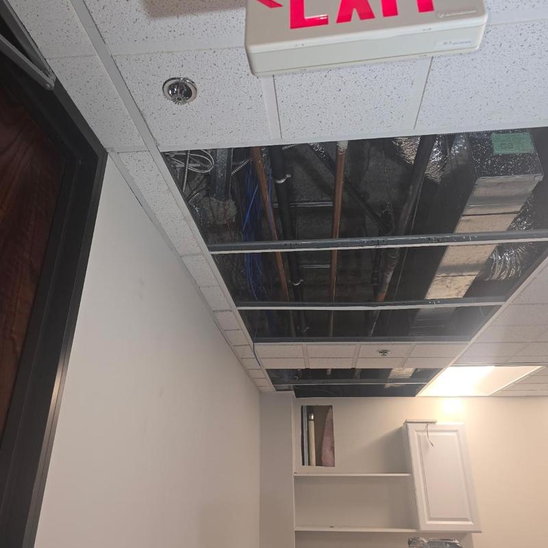 Cast iron overhead drain pipes tied to main stack