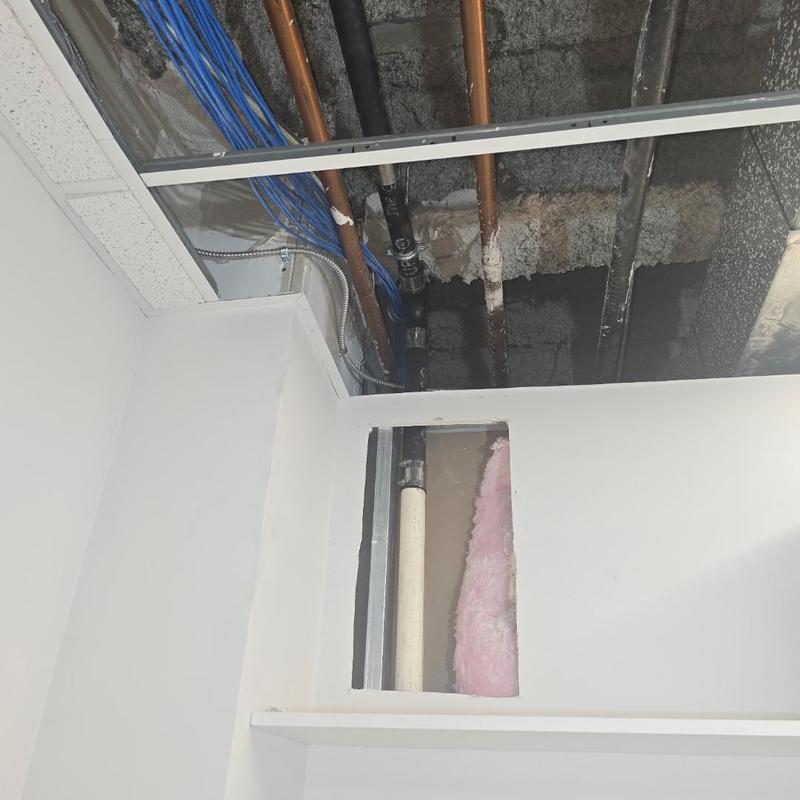 Cast iron plumbing pipes tied into main stack ceiling