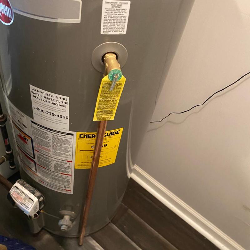 Water heater pressure relief valve with tag installed