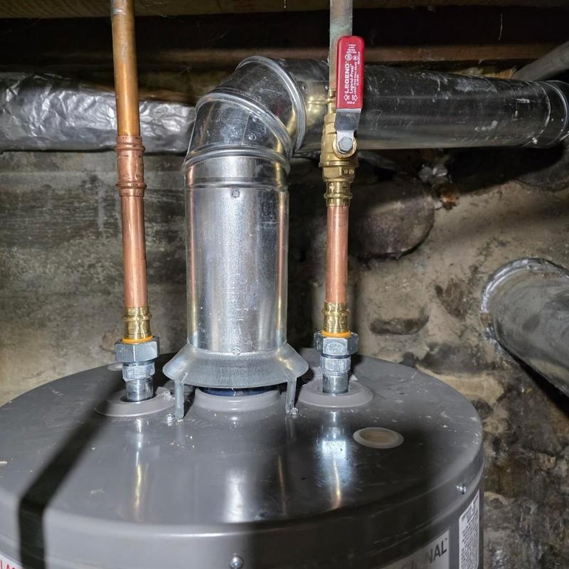 Water heater with 4-inch vent and ball valve installation