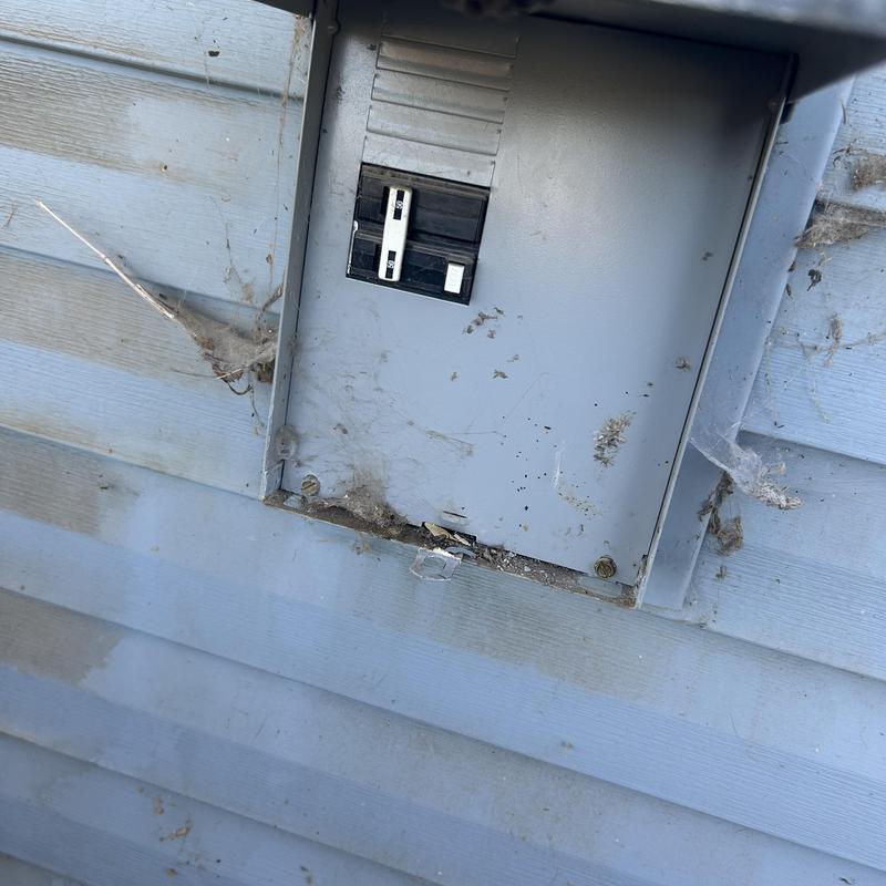 Electrical breaker box with cobwebs and dirt buildup Electrical breaker box with cobwebs and dirt buildup
