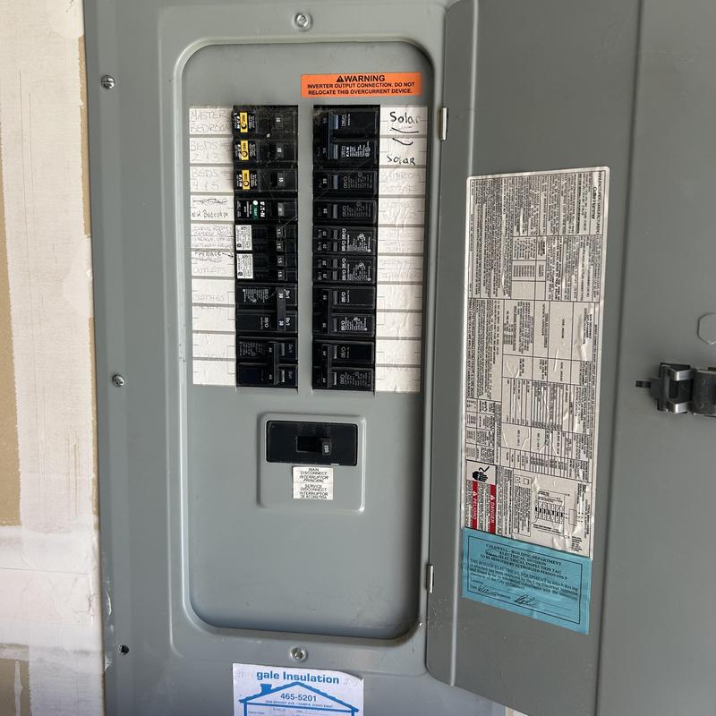 Electrical breaker panel with solar system labeling Electrical breaker panel with solar system labeling