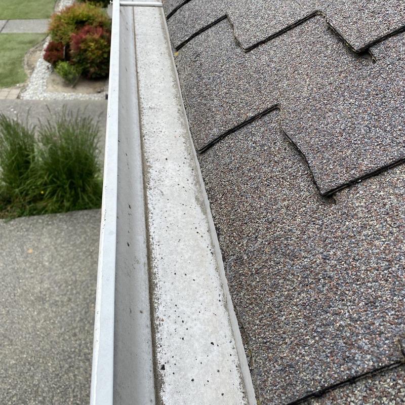 Roof gutters with light dirt buildup near shingles